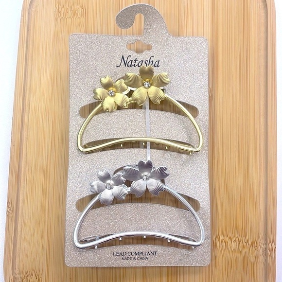 Brand New Natasha Set of 2 Metal Floral Rhinestone Gold & Silver Tone Hair Clips - Picture 2 of 15